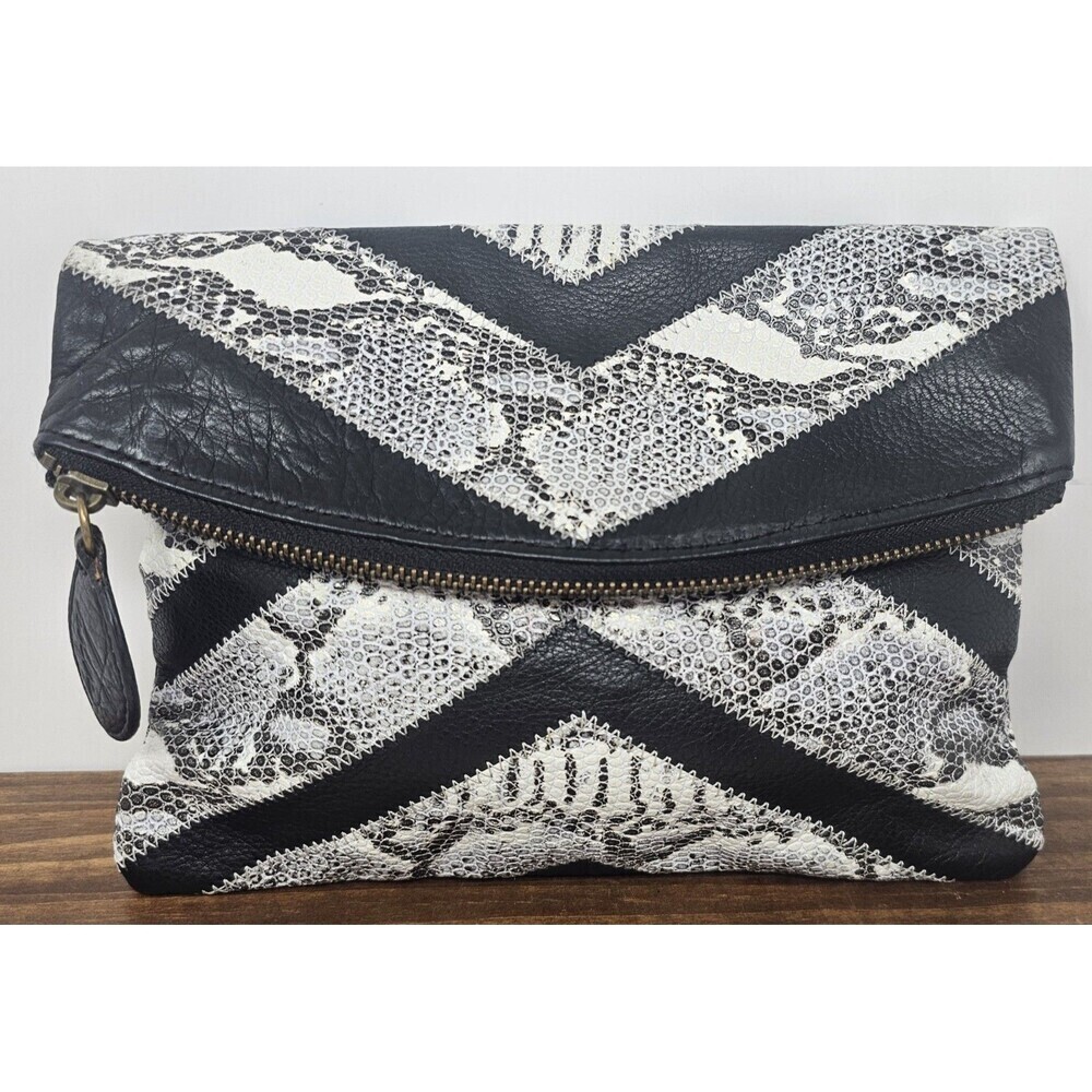 Helena De Natalio Leather Snake Foldover Clutch Bag Black White Chevron Pattern